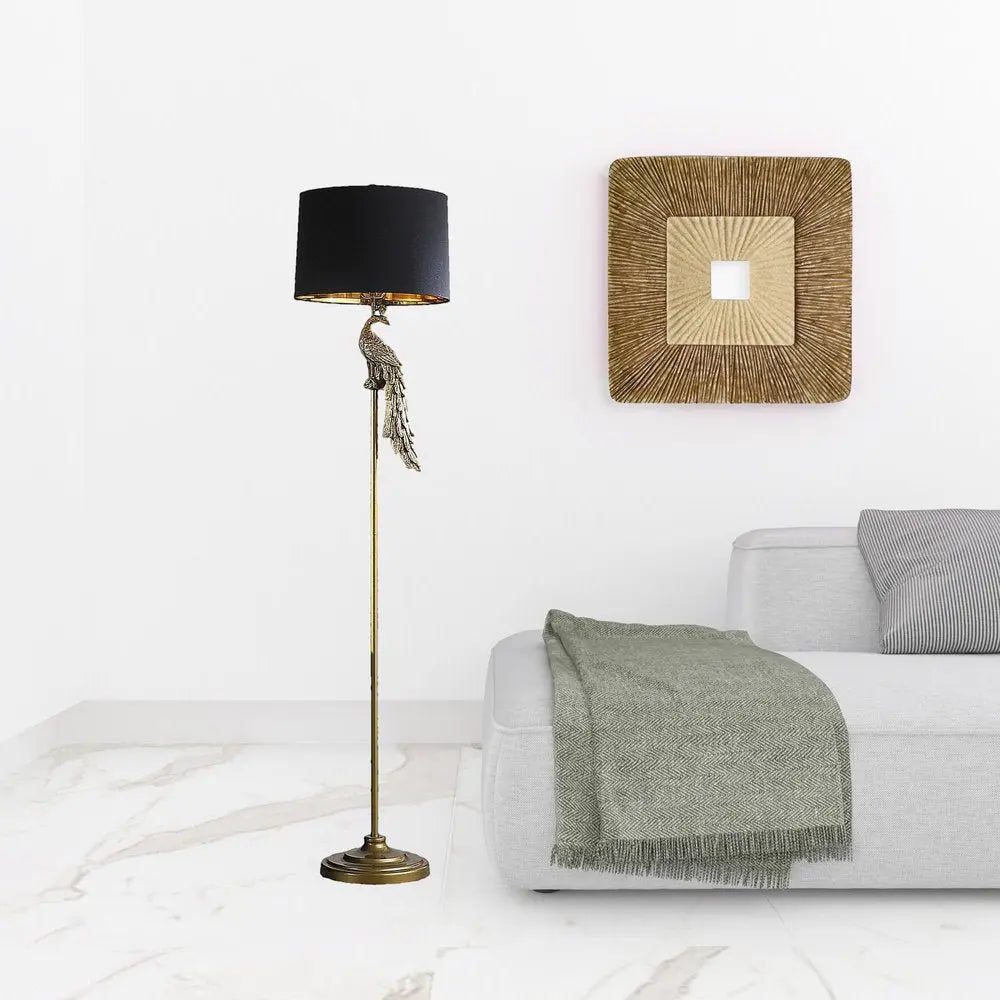 65" Gold And Black Floor Lamp With Black Fabric Drum Shade HomeRoots