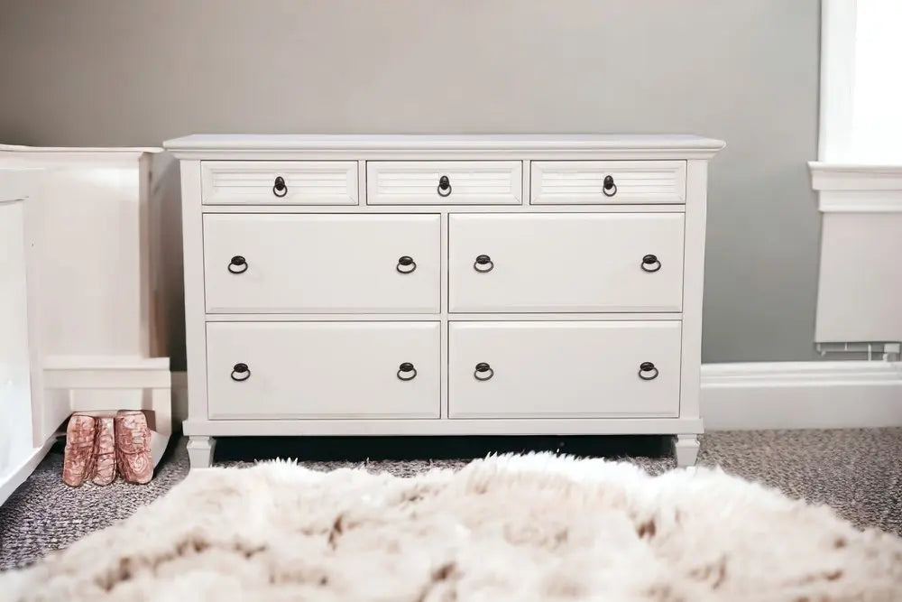 62" White Solid Wood Seven Drawer Double Dresser HomeRoots