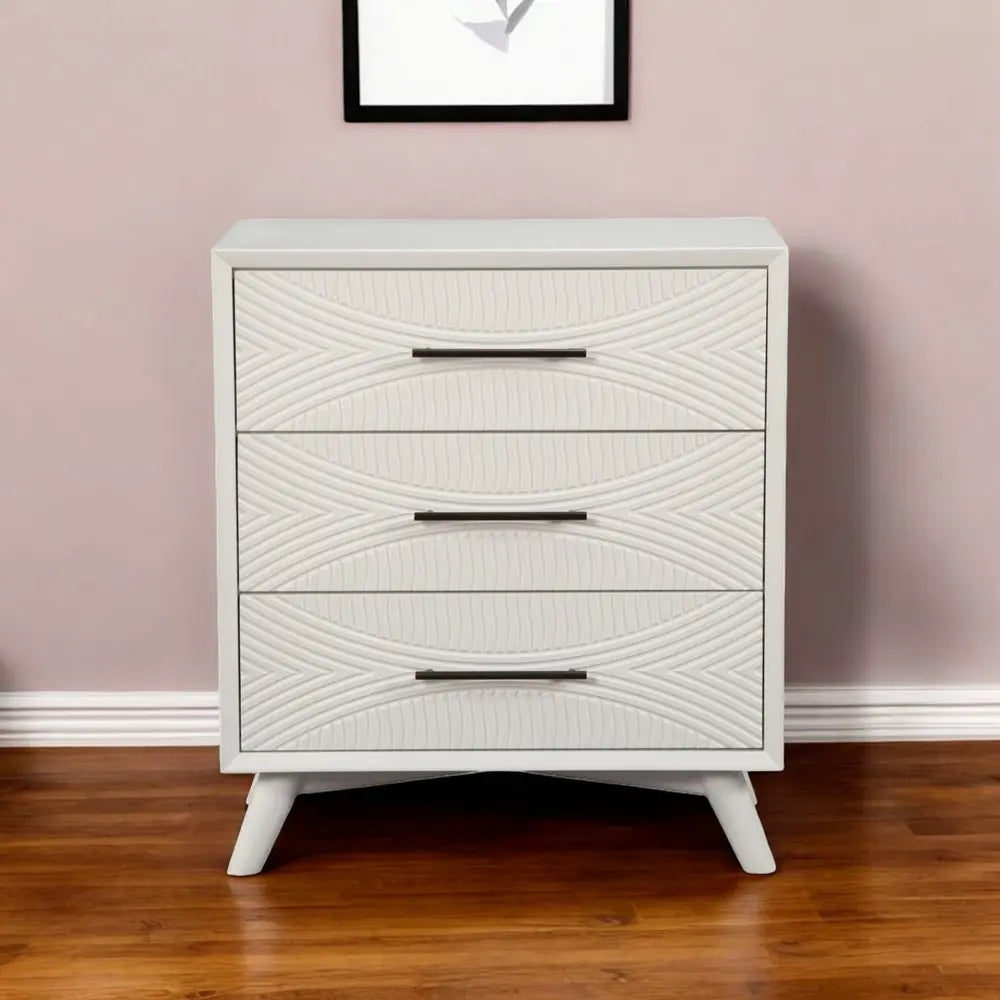 34" White Carved Geometric Solid Wood Three Drawer Dresser HomeRoots