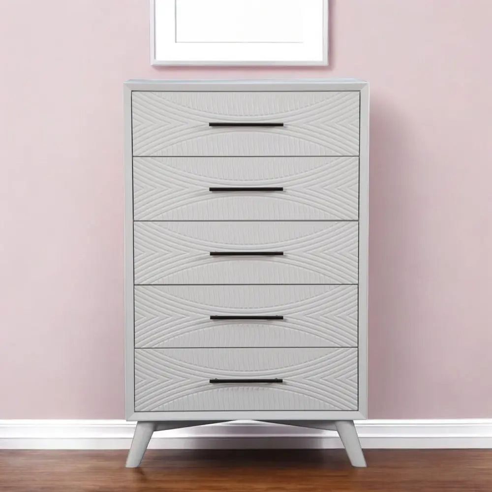 34" White Carved Geometric Solid Wood Five Drawer Dresser HomeRoots