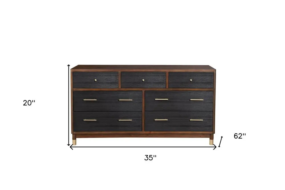35" Brown and Black Solid Wood Seven Drawer Double Dresser HomeRoots