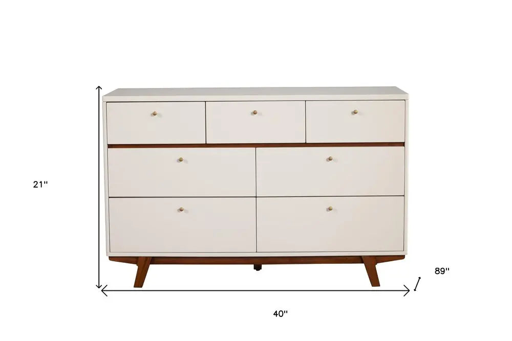 56" Brown and White Solid Wood Seven Drawer Double Dresser HomeRoots