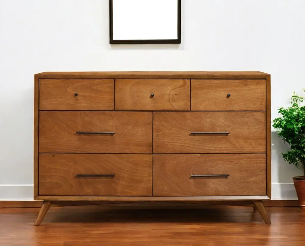 56" Brown Solid Wood Seven Drawer Double Dresser HomeRoots