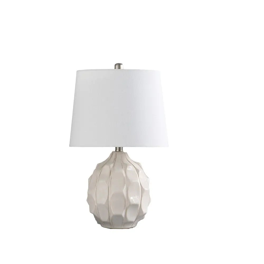 22" Cream Ceramic Faceted Table Lamp With Off White Drum Shade HomeRoots