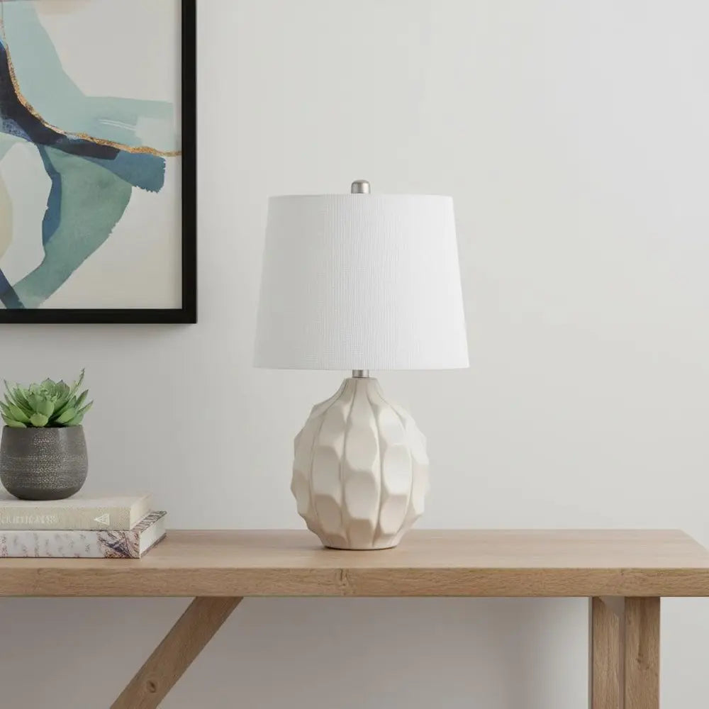 22" Cream Ceramic Faceted Table Lamp With Off White Drum Shade HomeRoots