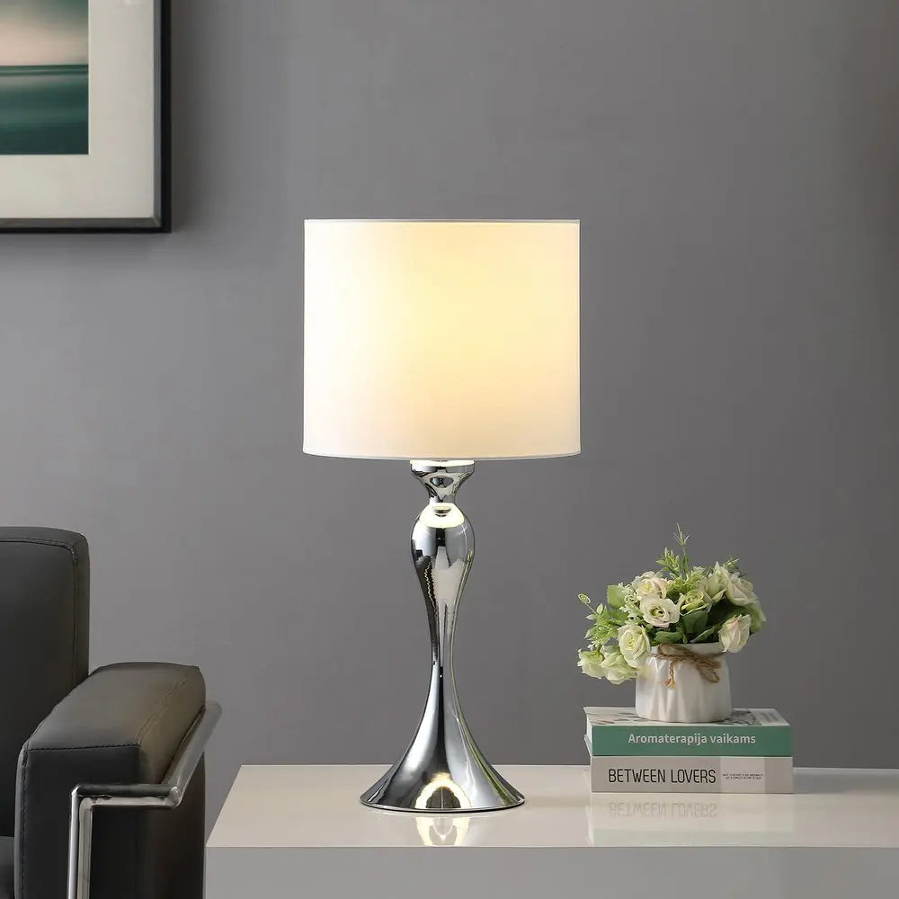 25" Silver Sleek Table Lamp With Off White Drum Shade HomeRoots
