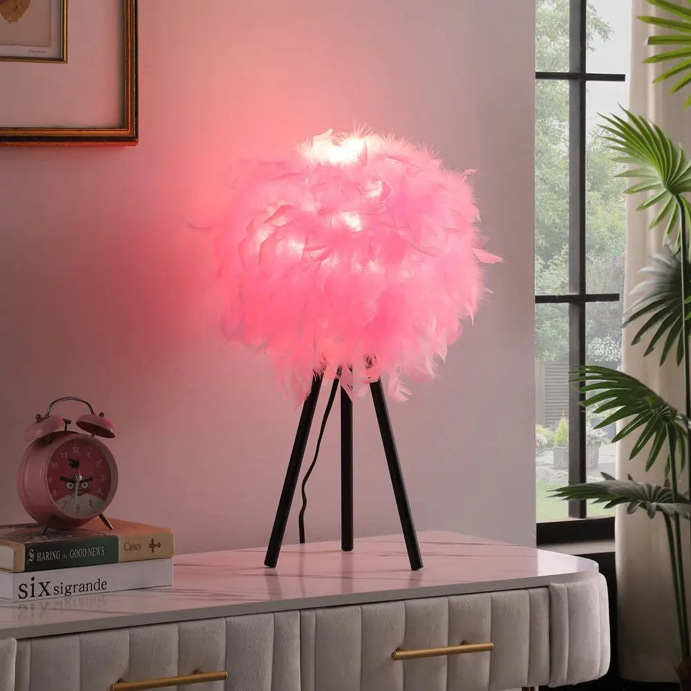 21" Black Tripod Table Lamp With Pink Faux Feather Shade HomeRoots