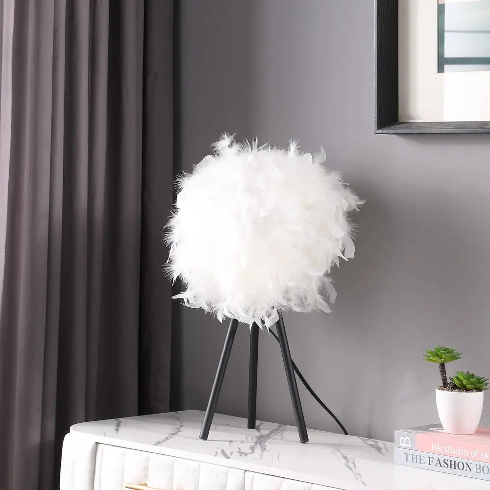 21" Black Tripod Table Lamp With Pink Faux Feather Shade HomeRoots