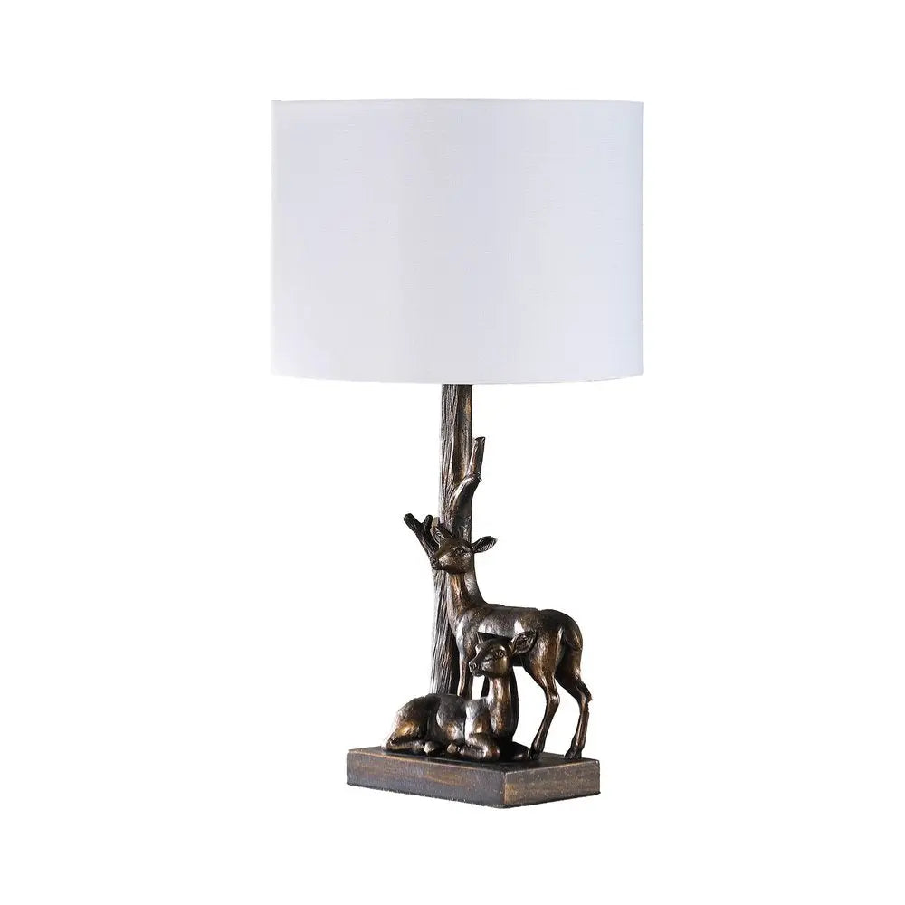 20" Bronze Mom and Baby Deer Table Lamp With White Drum Shade HomeRoots