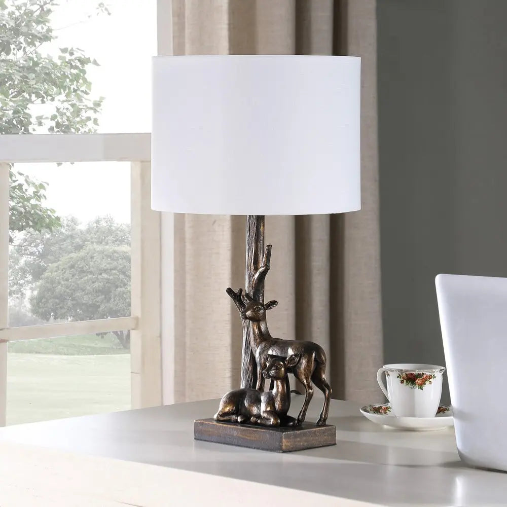 20" Bronze Mom and Baby Deer Table Lamp With White Drum Shade HomeRoots