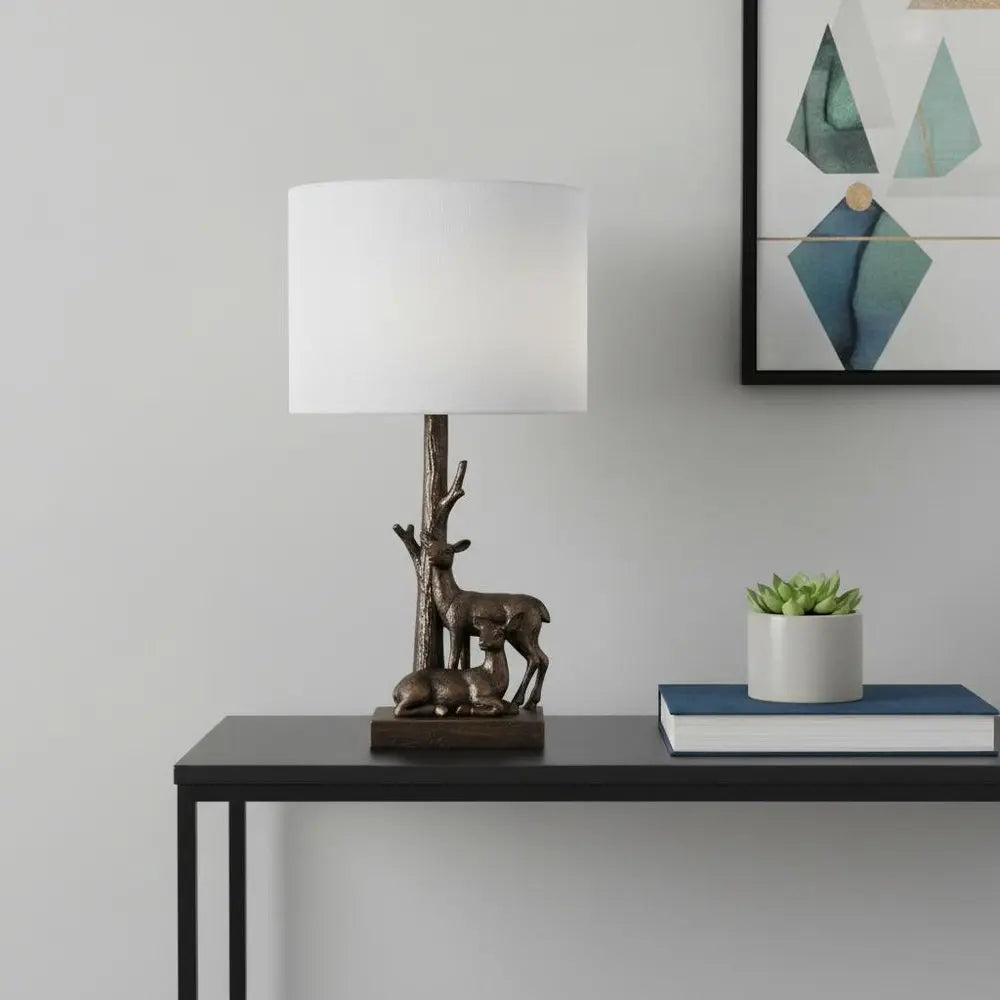 20" Bronze Mom and Baby Deer Table Lamp With White Drum Shade HomeRoots