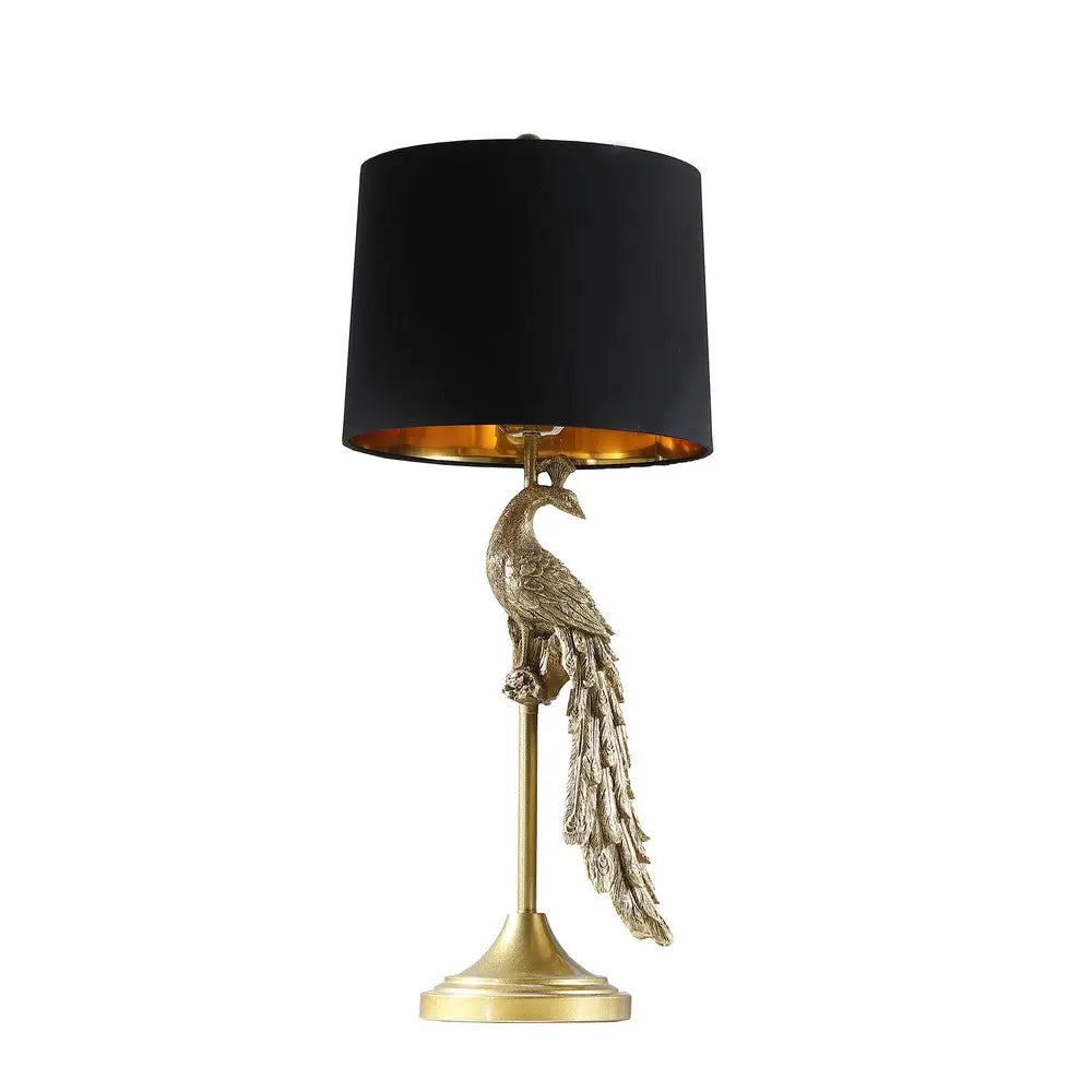 29" Gold Peacock Table Lamp With Black Drum Shade HomeRoots