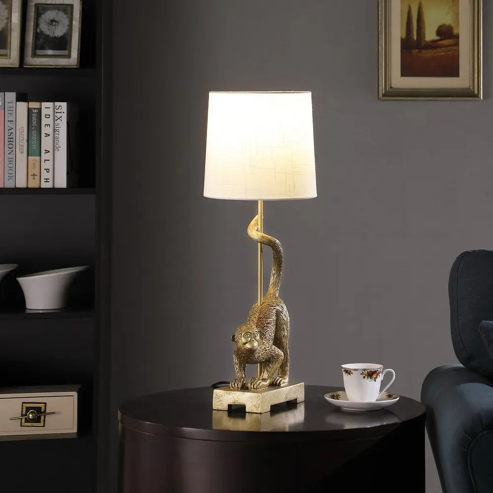 24" Gold Monkey Table Lamp With White Drum Shade HomeRoots