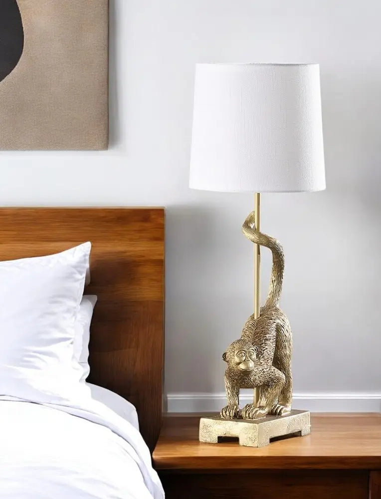 24" Gold Monkey Table Lamp With White Drum Shade HomeRoots