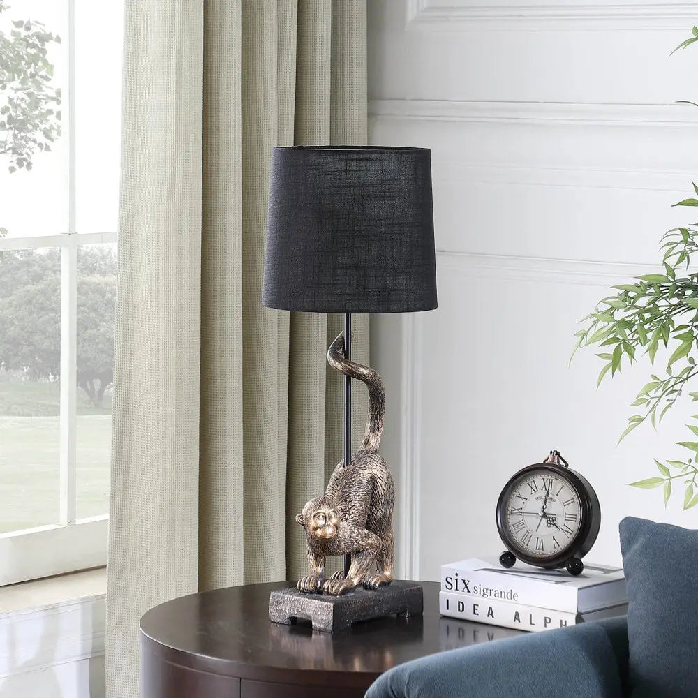 24" Antiqued Gold Monkey Table Lamp With Black Drum Shade HomeRoots