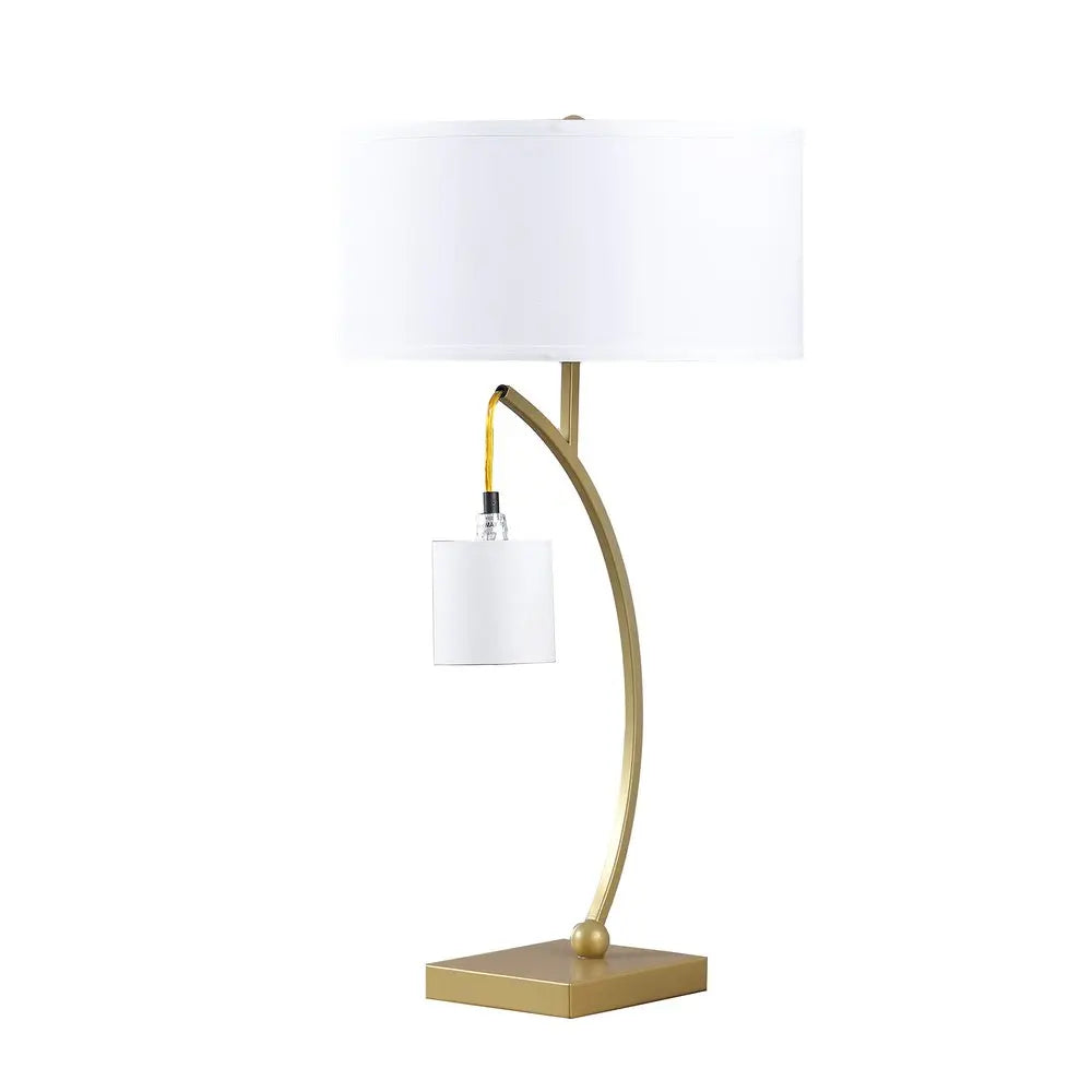 29" Gold Metal Two Light Arched Table Lamp With White Drum Shade HomeRoots