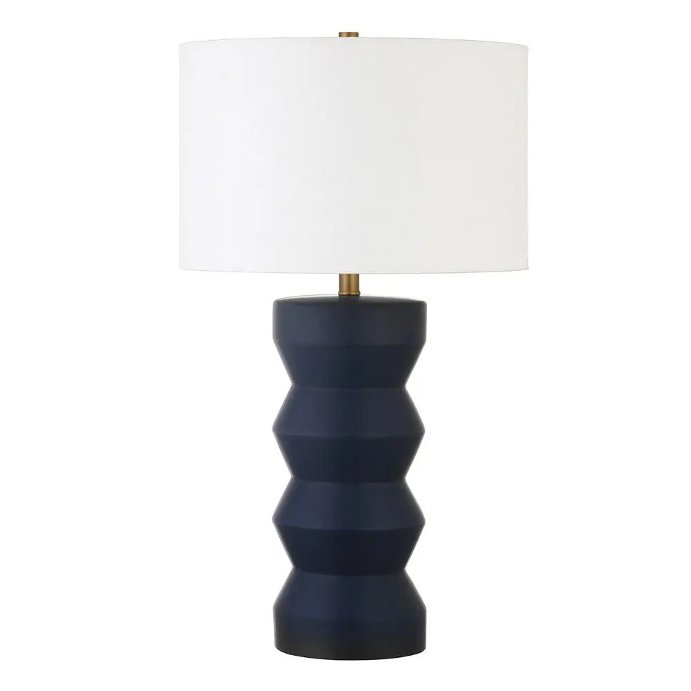 28" Navy Blue Ceramic Table Lamp With White Drum Shade HomeRoots