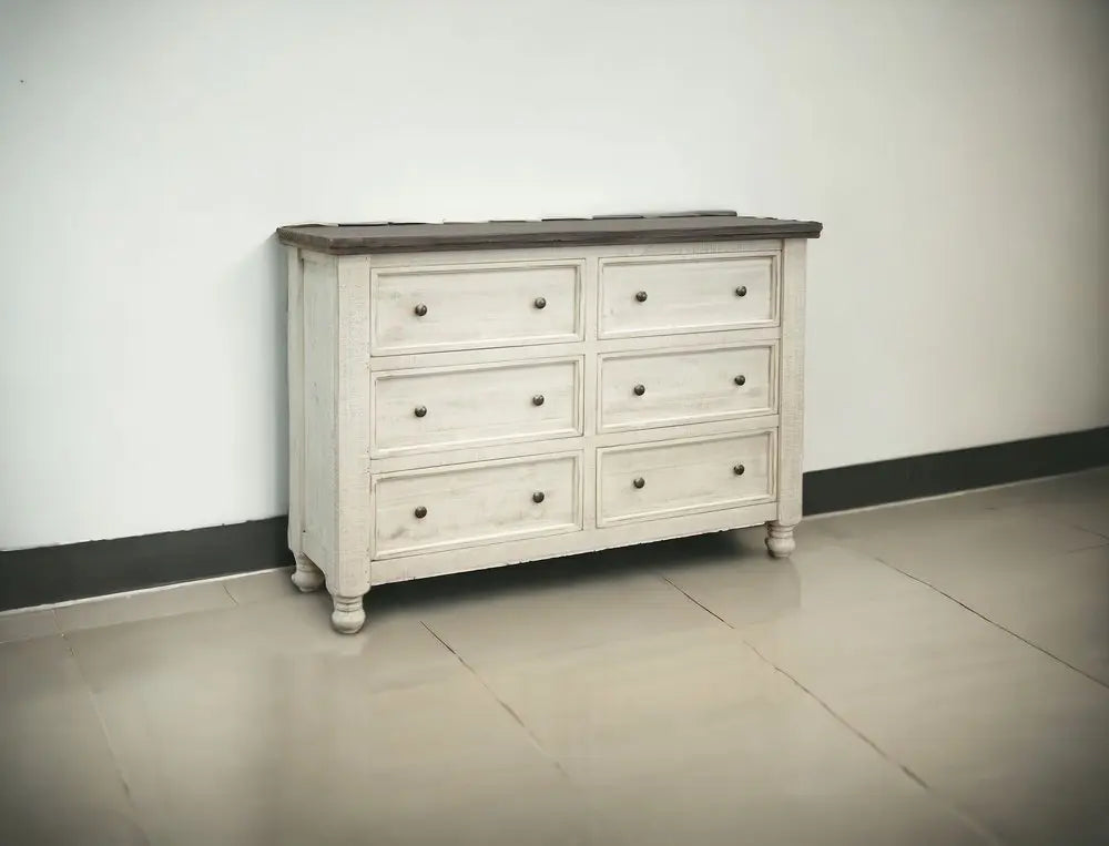 62" Gray and Ivory Solid Wood Six Drawer Double Dresser HomeRoots
