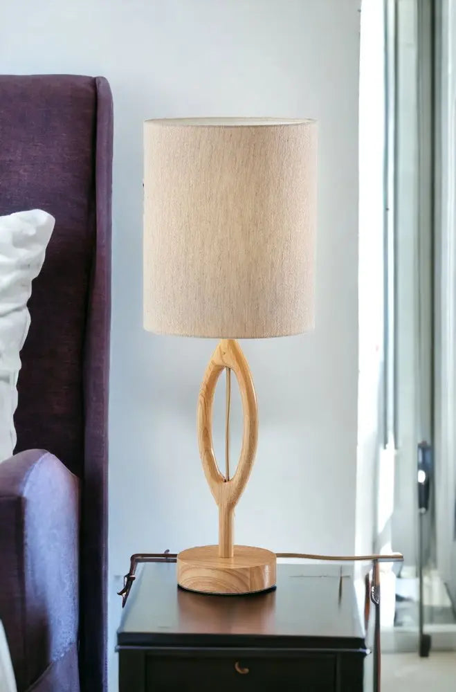 28" Natural Solid Wood Round Table Lamp With Beige Drum Shade HomeRoots