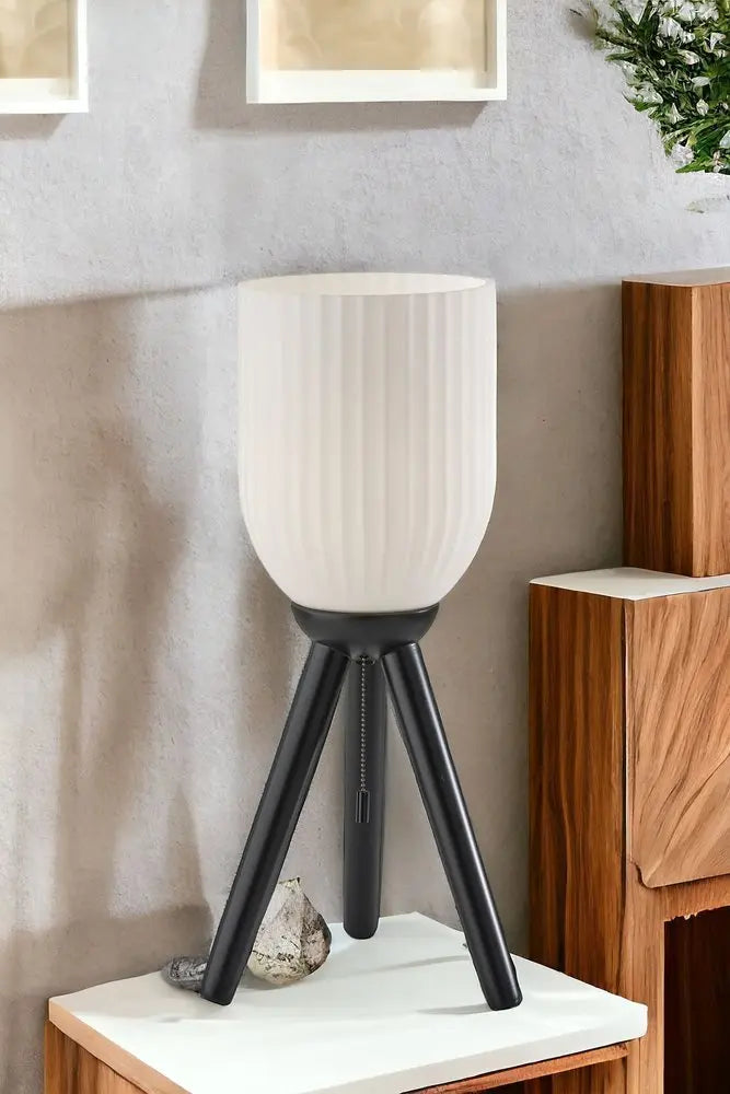 23" Black Solid Wood Tripod Table Lamp With White Ribbed Glass Shade HomeRoots