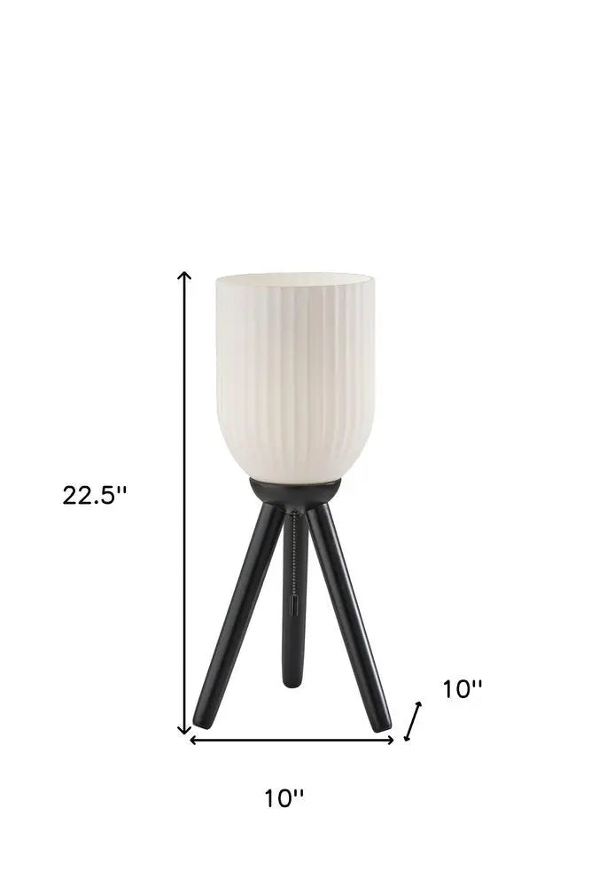 23" Black Solid Wood Tripod Table Lamp With White Ribbed Glass Shade HomeRoots
