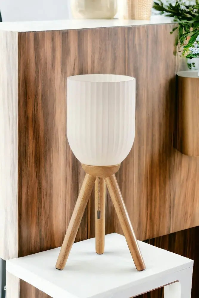23" Natural Solid Wood Tripod Table Lamp With White Ribbed Glass Shade HomeRoots