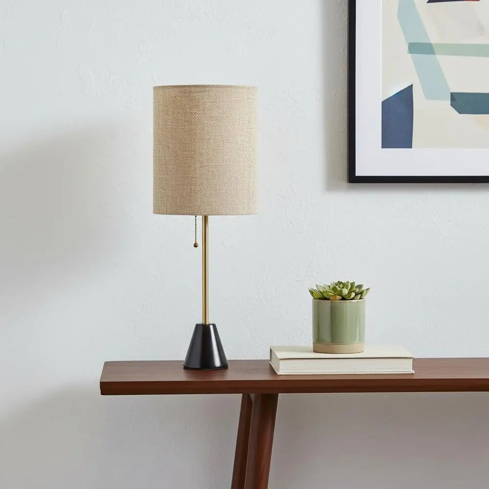 28" Black and Gold Marble and Metal Table Lamp With Beige Drum Shade HomeRoots