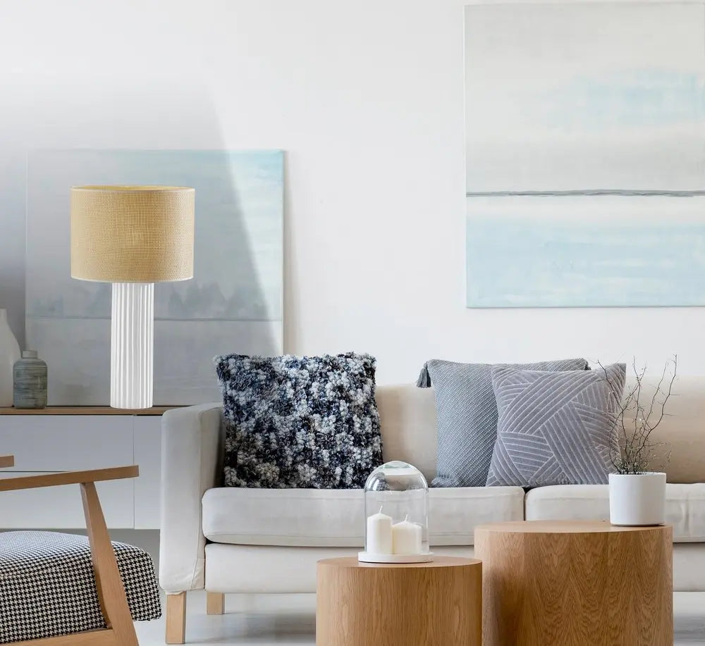 29" White Ceramic Cylinder Table Lamp With Beige Drum Shade HomeRoots