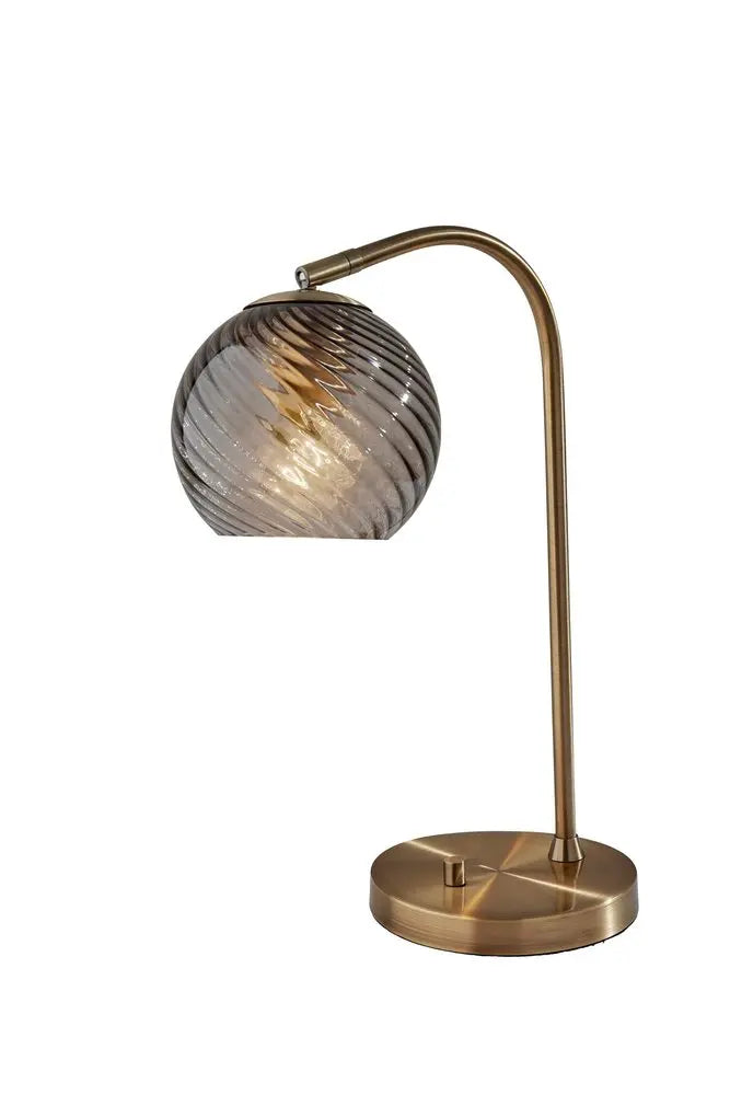 19" Antiqued Brass Metal Desk Lamp With Light Gray Swirl Globe Shade HomeRoots