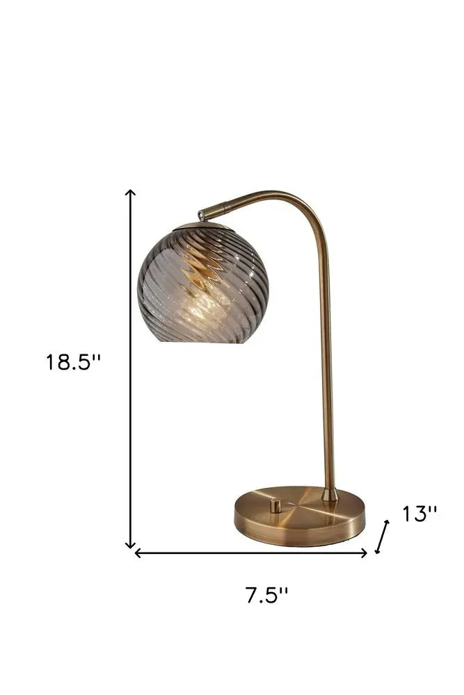 19" Antiqued Brass Metal Desk Lamp With Light Gray Swirl Globe Shade HomeRoots