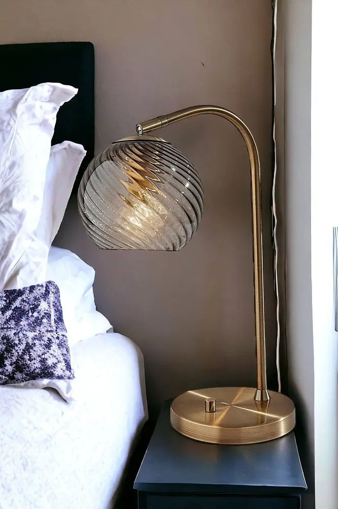 19" Antiqued Brass Metal Desk Lamp With Light Gray Swirl Globe Shade HomeRoots