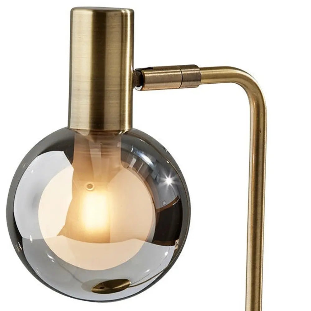 18" Antiqued Brass Metal Cylinder Desk Table Lamp With Gray Globe Shade With Starling LED Bulb HomeRoots