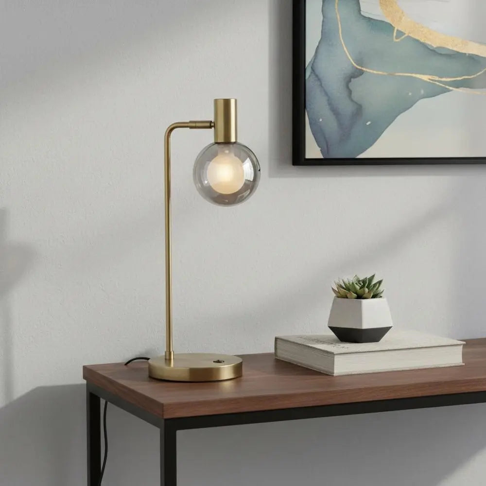 18" Antiqued Brass Metal Cylinder Desk Table Lamp With Gray Globe Shade With Starling LED Bulb HomeRoots
