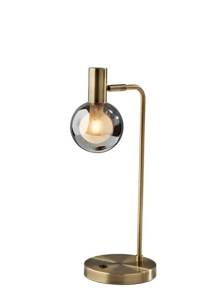 18" Antiqued Brass Metal Cylinder Desk Table Lamp With Gray Globe Shade With Starling LED Bulb HomeRoots