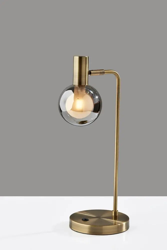 18" Antiqued Brass Metal Cylinder Desk Table Lamp With Gray Globe Shade With Starling LED Bulb HomeRoots