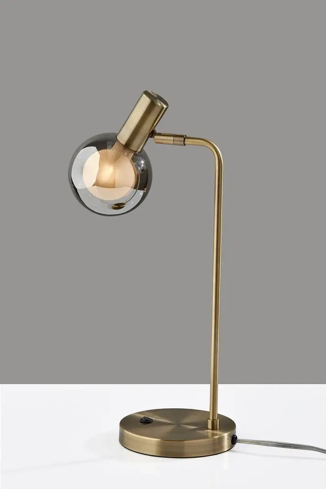 18" Antiqued Brass Metal Cylinder Desk Table Lamp With Gray Globe Shade With Starling LED Bulb HomeRoots