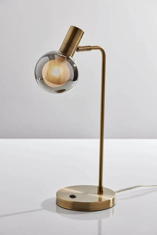 18" Antiqued Brass Metal Cylinder Desk Table Lamp With Gray Globe Shade With Starling LED Bulb HomeRoots