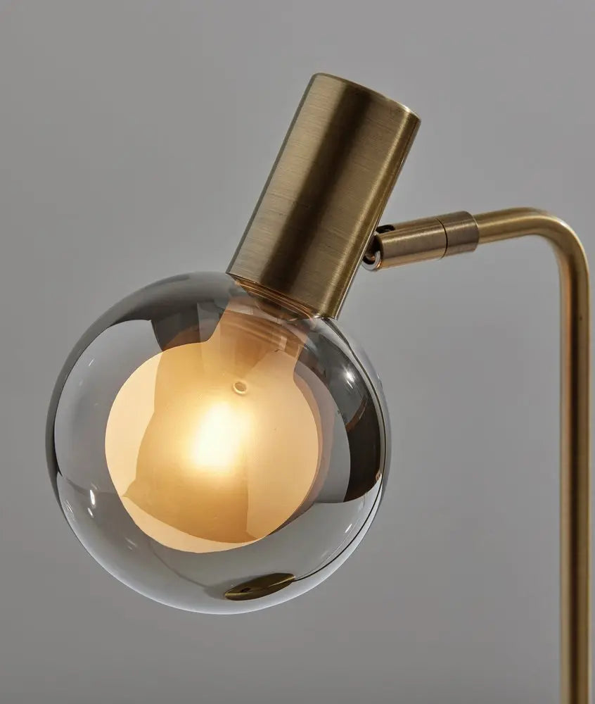 18" Antiqued Brass Metal Cylinder Desk Table Lamp With Gray Globe Shade With Starling LED Bulb HomeRoots