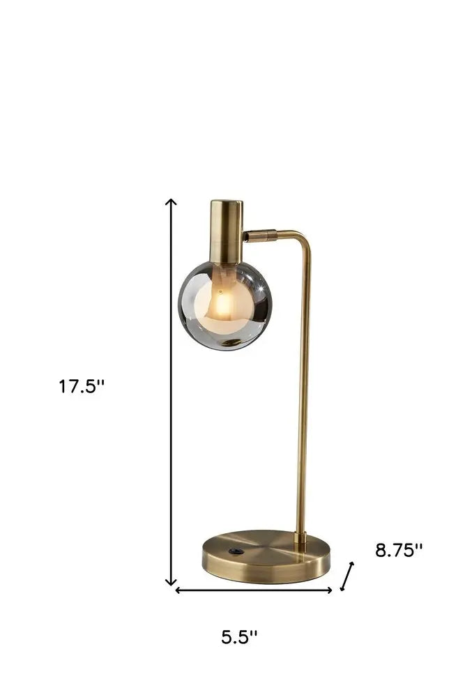 18" Antiqued Brass Metal Cylinder Desk Table Lamp With Gray Globe Shade With Starling LED Bulb HomeRoots
