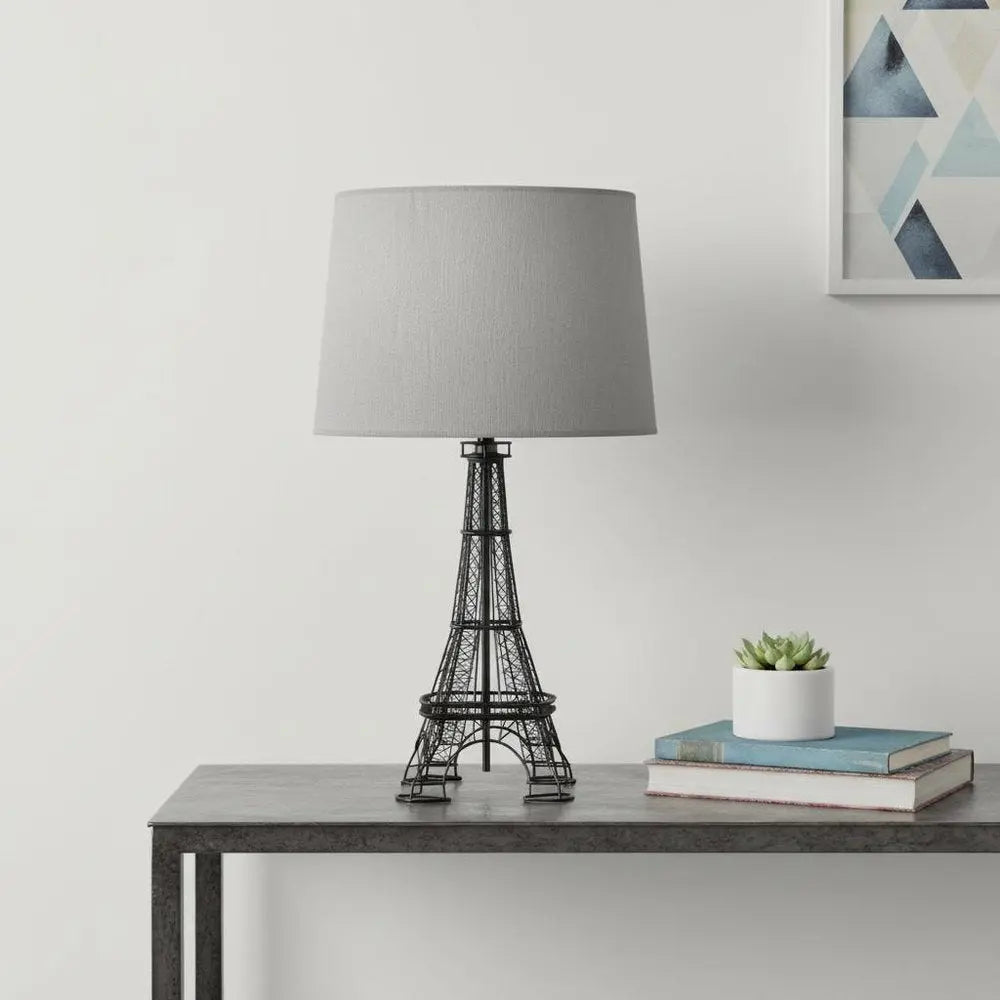 25" Black Acrylic Paris Desk Table Lamp With Gray Drum Shade HomeRoots