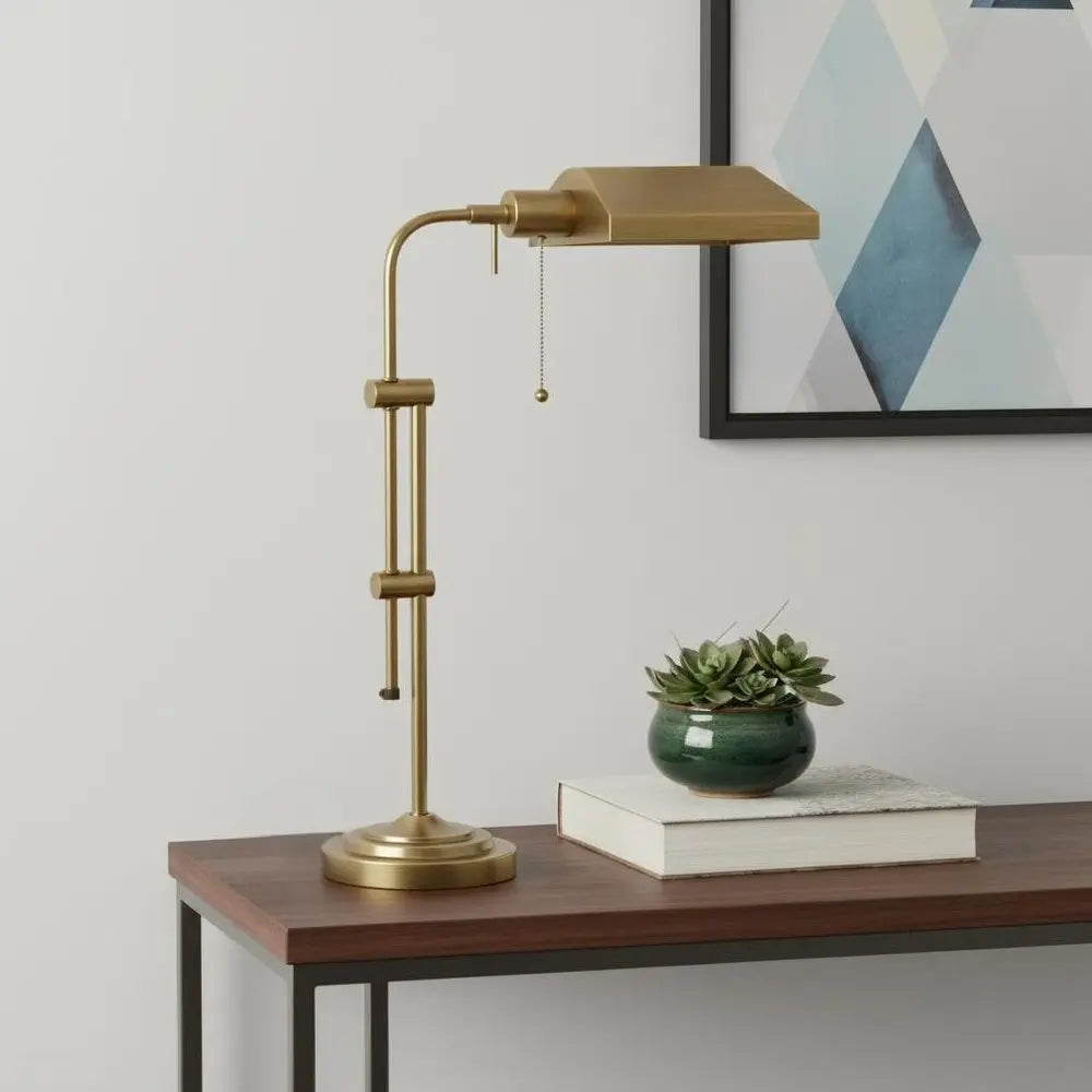 26" Bronze Metal Adjustable Table Lamp With Antiqued Brass Rectangular Shade HomeRoots