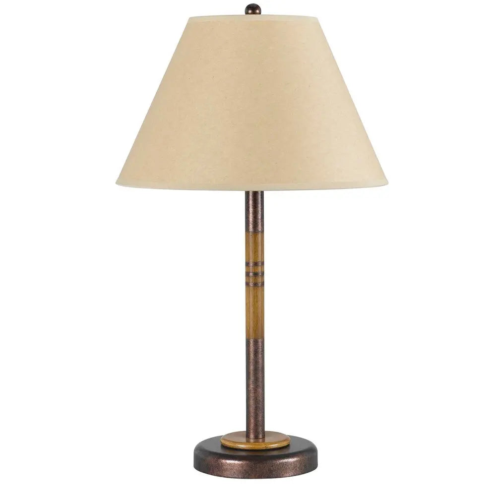 24" Rustic Bronze and Oak Metal Table Lamp With Brown Empire Shade HomeRoots