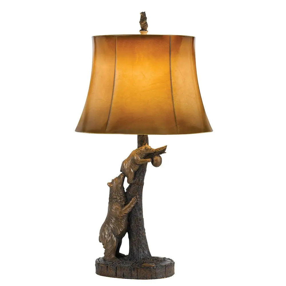 31" Bronze Bears After the Honey Table Lamp With Brown Faux Leather Shade HomeRoots