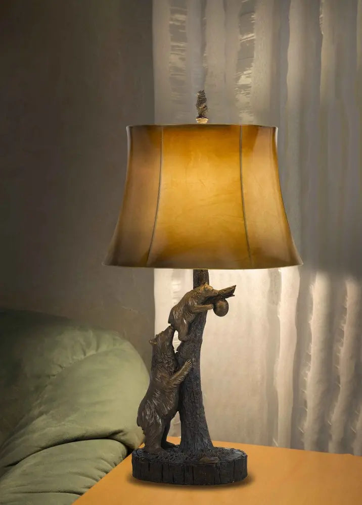 31" Bronze Bears After the Honey Table Lamp With Brown Faux Leather Shade HomeRoots
