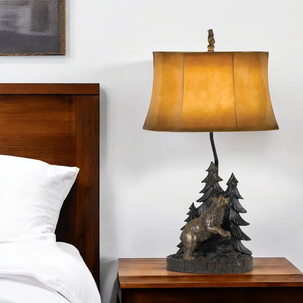 29" Antiqued Bronze Novelty Table Lamp With Brown Bell Shade HomeRoots