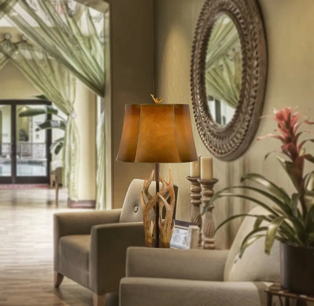 33" Brown Antlers Table Lamp With Brown Drum Shade HomeRoots