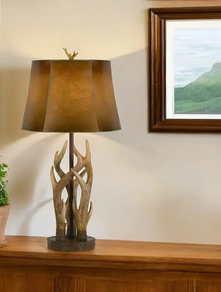 33" Brown Antlers Table Lamp With Brown Drum Shade HomeRoots