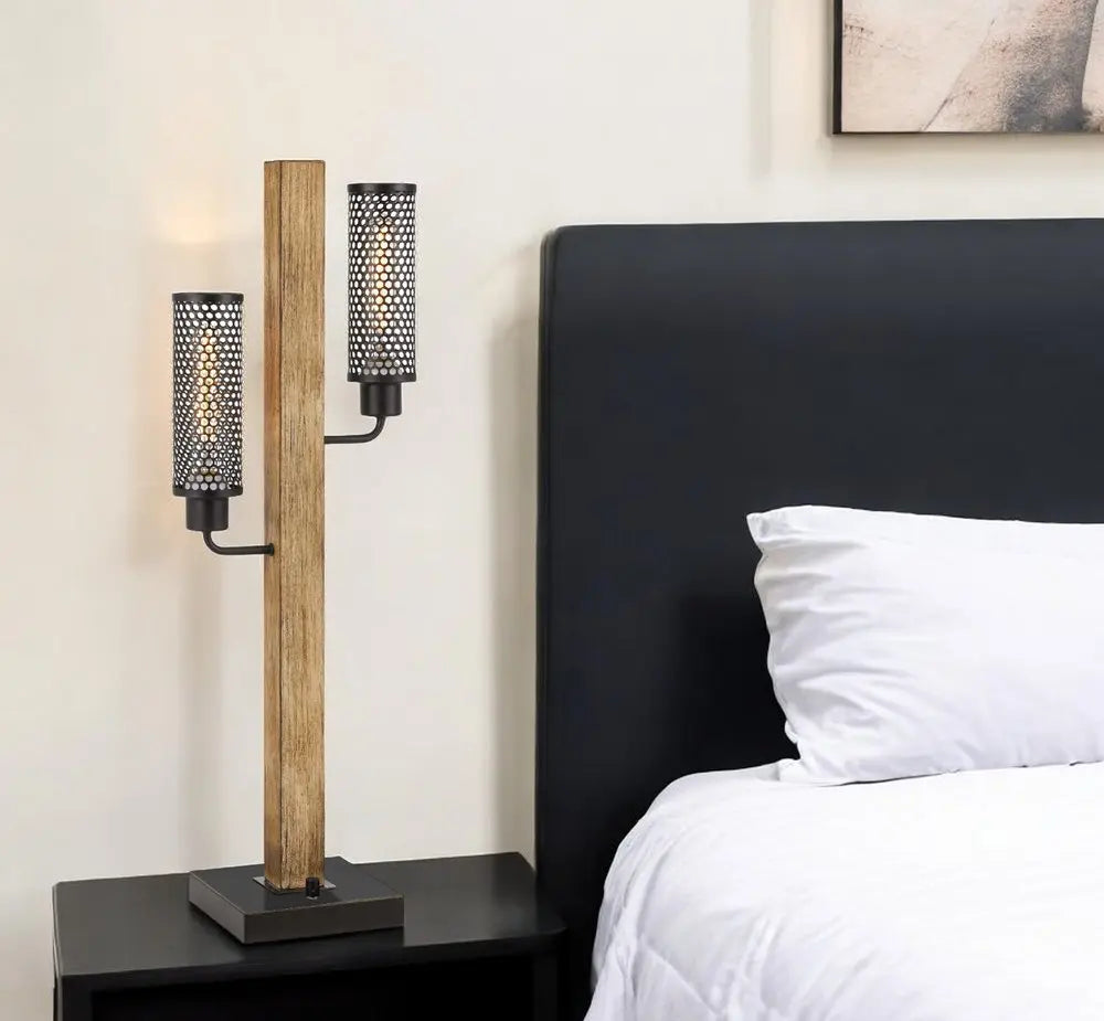 32" Gray Metal Two Light Table Lamp With Black Novelty Shade HomeRoots