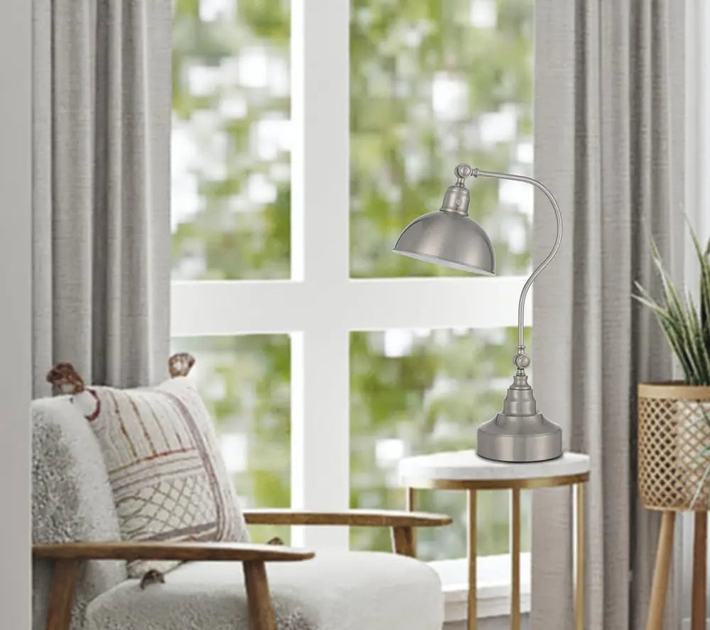 25" Nickel Metal Lantern Desk Table Lamp With Nickel Dome Shade HomeRoots