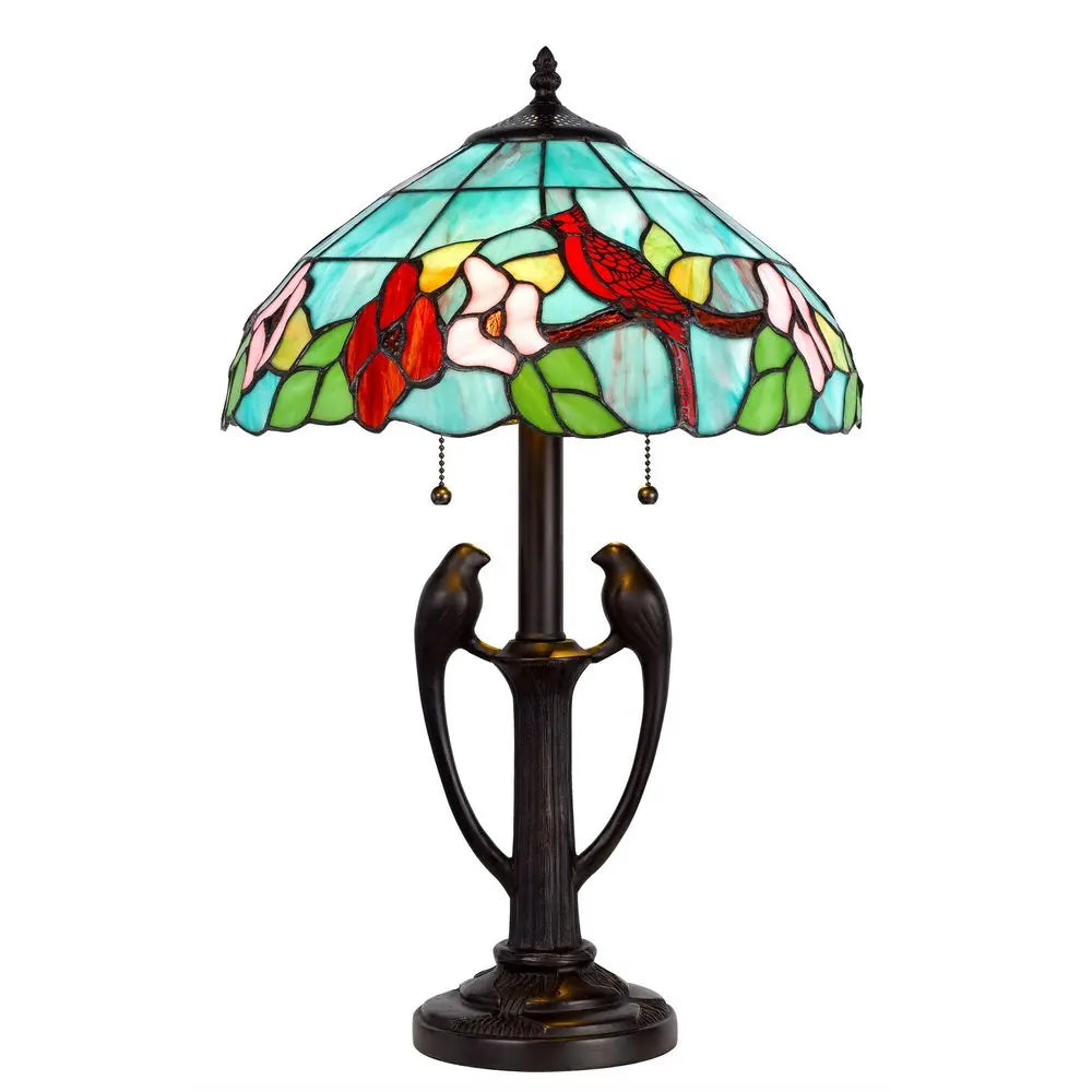 22" Bronze Two Light Tiffany Table Lamp With Aqua and Red Floral Shade HomeRoots